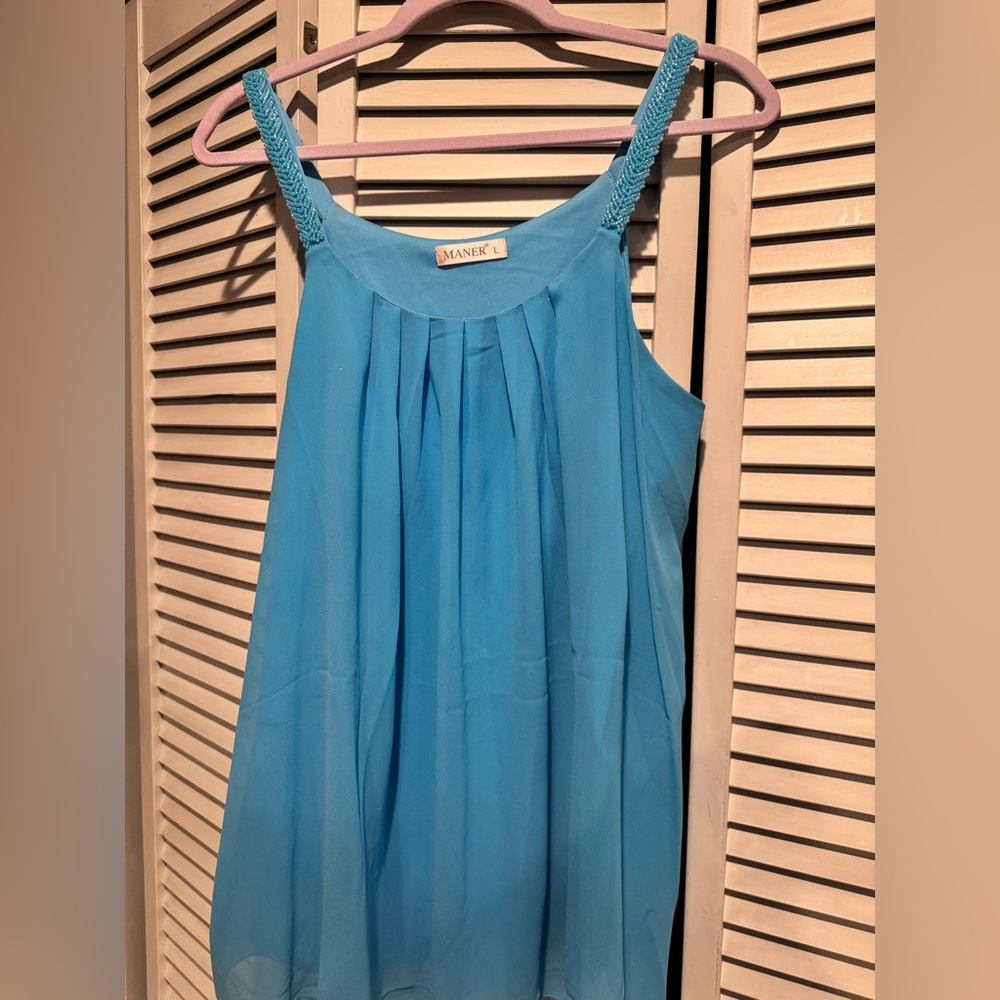 MANER Women's Plus Size Cami Casual Pleated Chiffon Tank Top with Beaded Strap